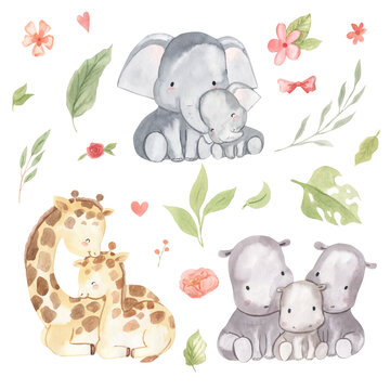 Watercolor mother and baby elephant, giraffe, hippo. Safari animal illustration for kids
