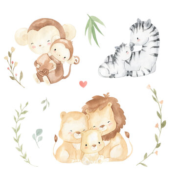 Watercolor mother and baby monkey, zebra, lion. Cute animal illustration for kids