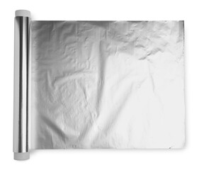 Roll of aluminum foil isolated on white, top view