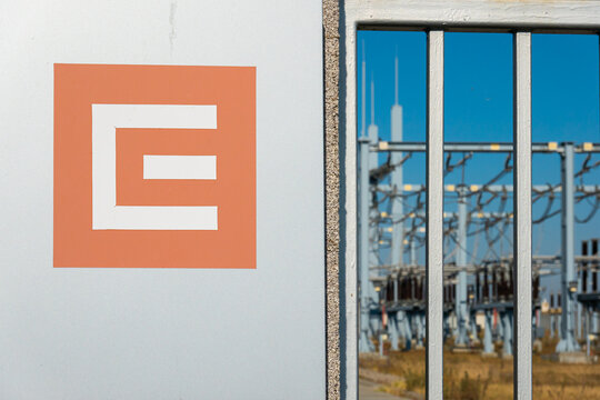 The logo sign of CEZ Group energy company on the wall of an electrical power plant. One of the ten largest energy companies in Europe. Romania, 2020.