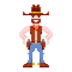 Pixel art cowboy holding a gun. Gunslinger with a beard vector illustration