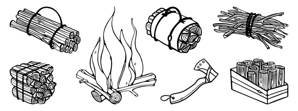 Bundle of firewood Set outline doodle vector illustration. Campfire and axe. Branches and firewood tied with rope