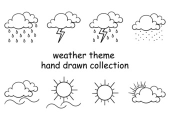 a collection of hand drawn weather themes on a white background