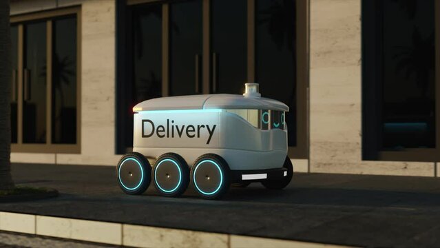 Automated Delivery Robot With Glowing Display And Self Driving Technology Driving On Urban Street. Robot Courier Delivering Order To Customers In Residential District 