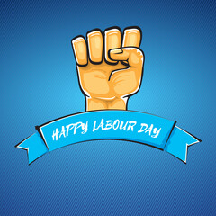 Happy labour day vector label with strong orange fist isolated on blue background. vector happy labor day background with man hand. red workers may day poster