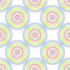 Rainbow color spin shapes vector seamless pattern tie dye geometric graphic design. Circle flower of life seamless ornament.
