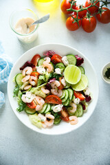 Healthy vegetable salad with shrimps