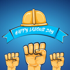 Happy labour day vector label with strong orange fist isolated on blue background. vector happy labor day background with man hand. red workers may day poster