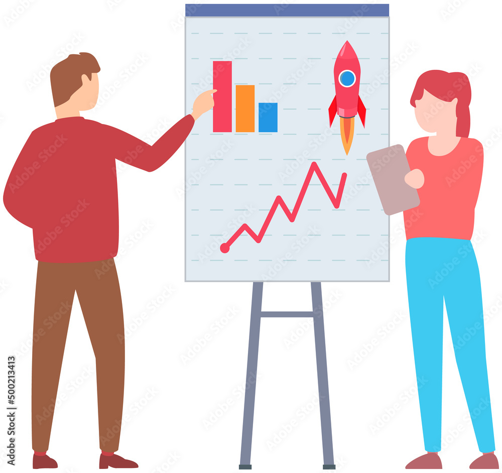 Poster manager makes presentation of statistical report analysis charts. planning business. teamwork consul