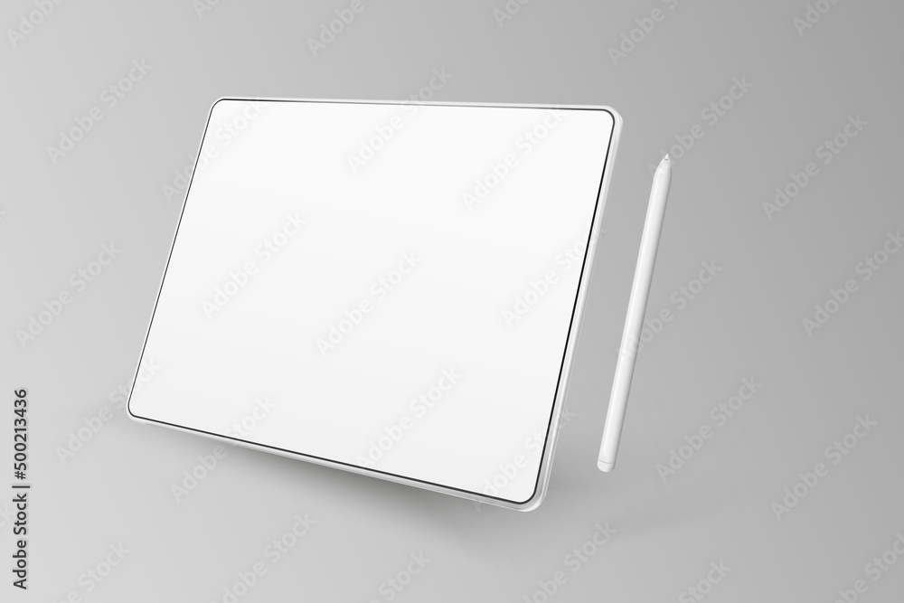 Poster empty tablet and pen on a light background. device in perspective view. tablet mockup from different