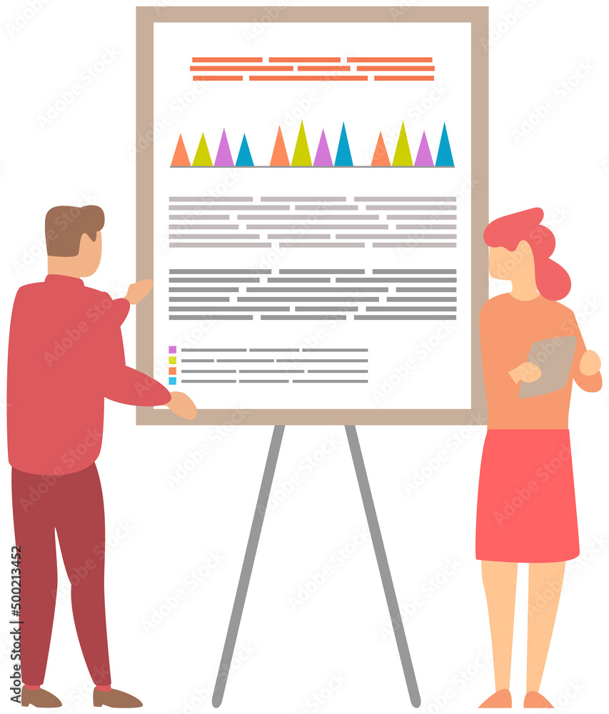 Poster manager makes presentation of statistical report analysis charts. planning business. teamwork consul