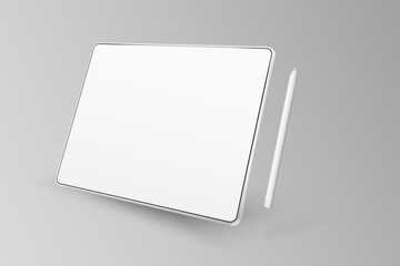 Empty tablet and pen on a light background. Device in perspective view. Tablet mockup from different angles. Illustration of device 3d screen