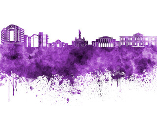 Nicosia skyline in purple watercolor on white background