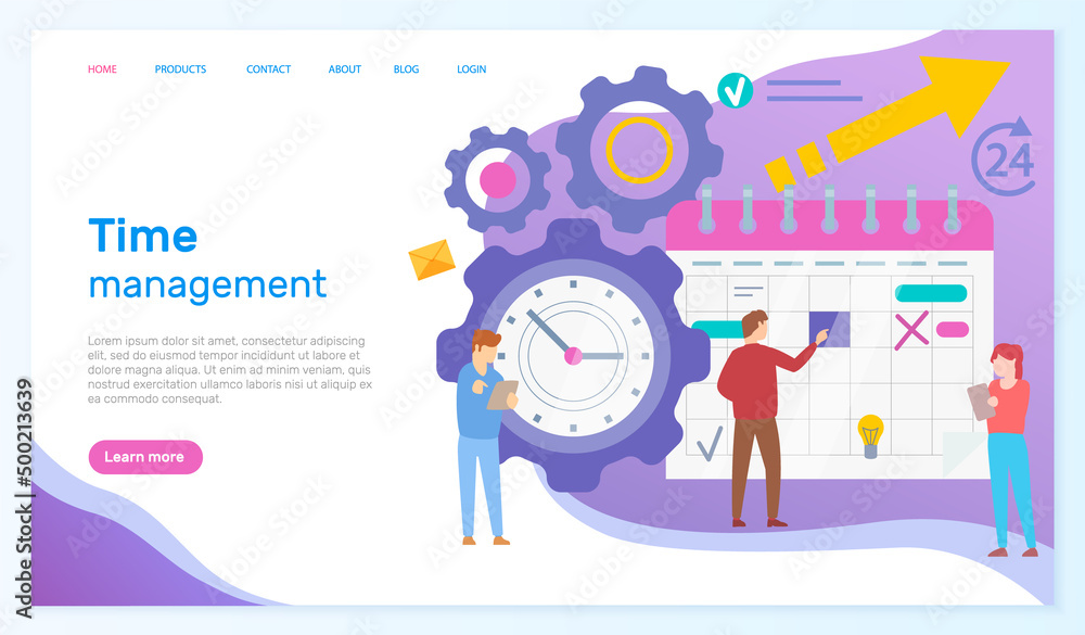 Poster time management, workflow organization website template. work efficiency, productivity increase conc