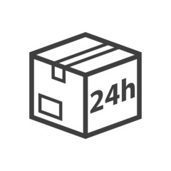 Logo envio urgente. Icono plano caja de cartón 3d en perspectiva con texto 24h con lineas en color gris