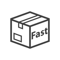 Logo envio urgente. Icono plano caja de cartón 3d en perspectiva con texto Fast con lineas en color gris