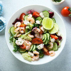 Healthy vegetable salad with shrimps