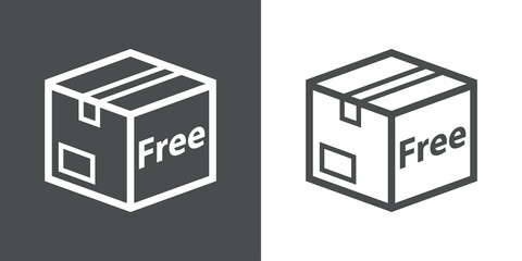 Logo envio gratis. Icono plano caja de cartón 3d en perspectiva con texto Free con lineas en fondo gris y fondo blanco