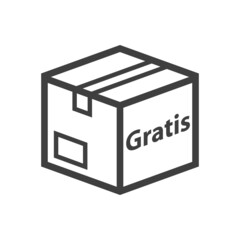 Logo envio gratis. Icono plano caja de cartón 3d en perspectiva con texto Gratis en español con lineas en fondo gris