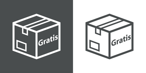 Logo envio gratis. Icono plano caja de cartón 3d en perspectiva con texto Gratis en español con lineas en fondo gris y fondo blanco