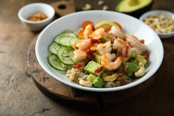 Homemade poke bowl with shrimps