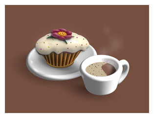 Cup of coffee and cake. 3D.