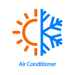 Reparación y servicio de aire acondicionado. Logo lineal con texto Air Conditioner con copo de nieve y sol en color azul y naranja