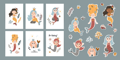 Set of posters with motivational phrases, stickers with mermaids
