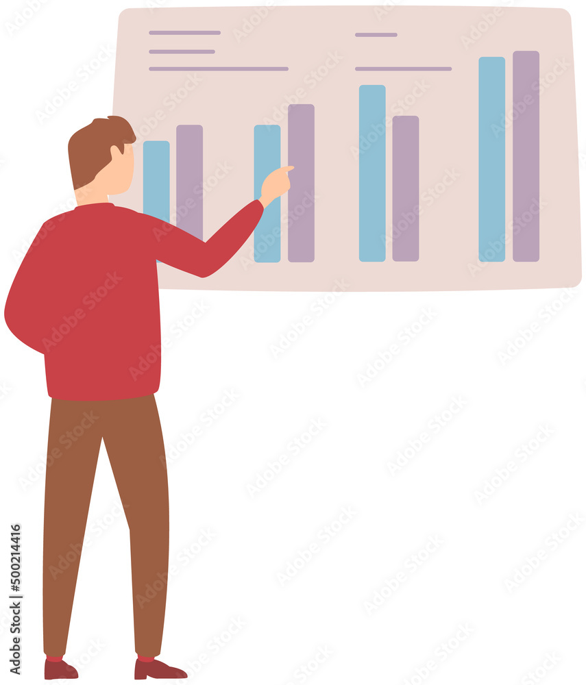 Poster man standing next to flipchart with diagram. presentation board with statistical data. business repo