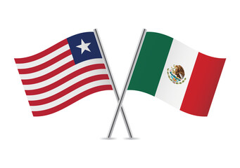 Liberia and Mexico crossed flags. Liberian and Mexican flags on white background. Vector icon set. Vector illustration.