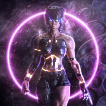beautiful female warrior cyborg with stylized soft focus background