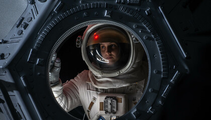 Portrait of Caucasian female astronaut flying towards spaceship cupola window. Space exploration,...