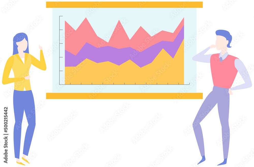 Poster people showing diagrams and bar chart on poster. growth arrow and graphs with data on table. marketi