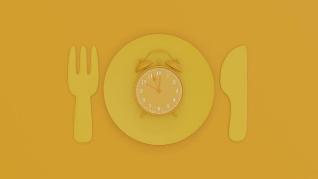 Monochromatic clock on yellow plate with fork and spoon background, Break time idea concept. The beginning of time 11.45 run fast to 12.00. Timelapse moving fast. 3d render