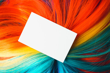 Mockup of a white business card over a multicolored wig