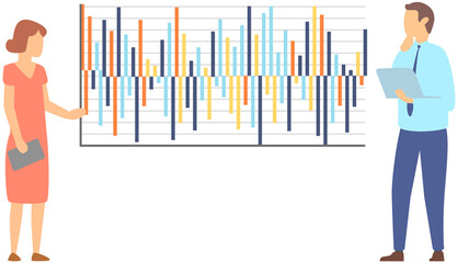 Manager makes presentation of statistical report analysis charts. Planning business. Teamwork consulting for project management, financial reporting and strategy. Data analysis research statistics