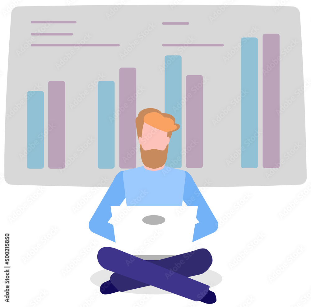 Poster man standing next to flipchart with diagram. presentation board with statistical data. business repo
