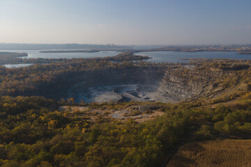 Rybalsky granite quarry. The city of Dnipro, Ukraine. Photo from the air. Open working quarry.