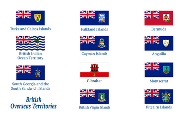 British Overseas Territories flags. Set of flags. Vector illustration. All isolated on white background. Template for design.