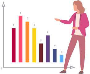 Woman looking at statistics diagram. Businesswoman analysing report with statistical indicators. Girl examines results of analysis. Personal investment, finance, funding, capital accumulation concept