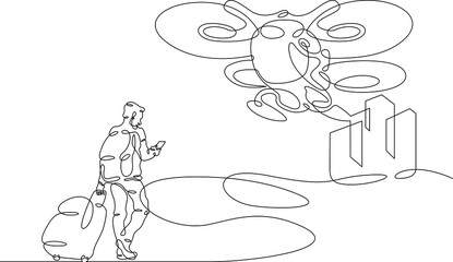 One continuous line.Passenger quadcopter taxi. A tourist with luggage is waiting to board a taxi. Air passenger transportation by electric plane, air taxi. One continuous line drawn isolated, white ba