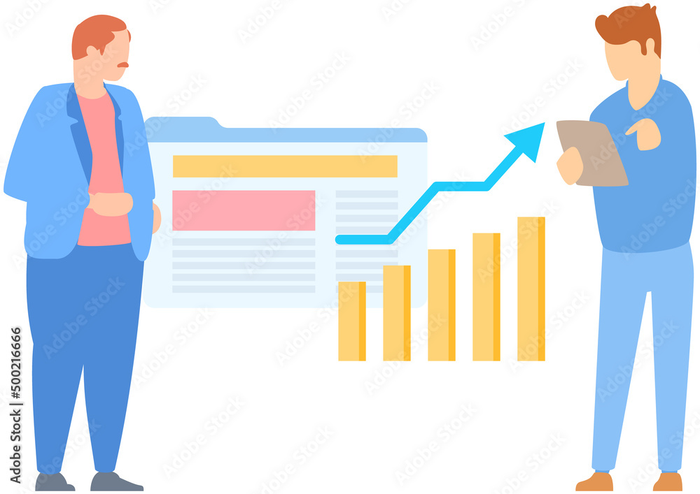Poster manager makes presentation of statistical report analysis charts. planning business. teamwork consul