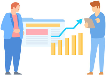 Manager makes presentation of statistical report analysis charts. Planning business. Teamwork consulting for project management, financial reporting and strategy. Data analysis research statistics