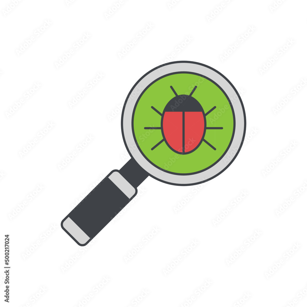 Poster antivirus search or scan icon. magnifying glass with bug sign icon in color icon, isolated on white 