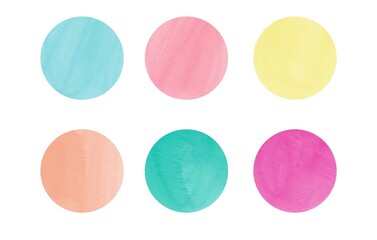 Set of colored circles. Hand-drawn bright strokes on white background. Round multicolored watercolor spots. Summer color palette.