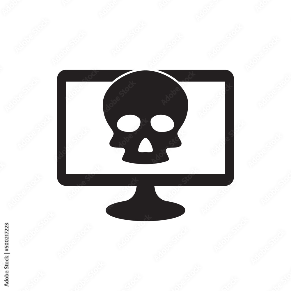 Poster computer hacking sign, computer displaying skull symbol icon in black flat glyph, filled style isola