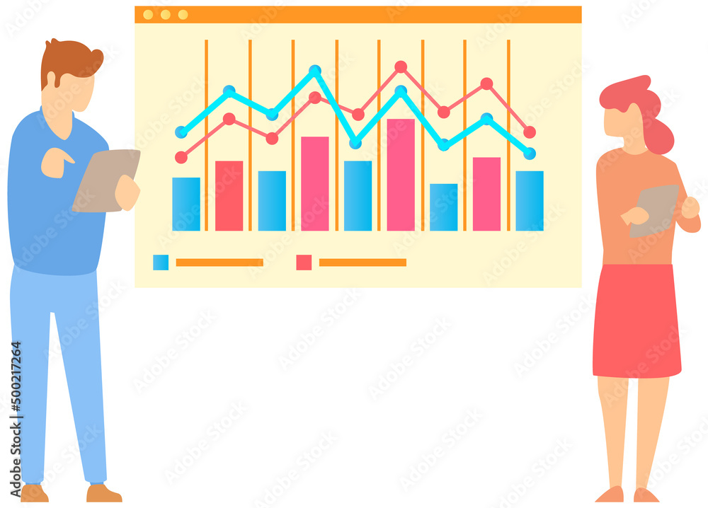 Poster manager makes presentation of statistical report analysis charts. planning business. teamwork consul