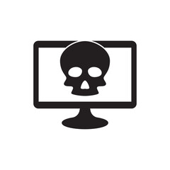 Computer hacking sign, computer displaying skull symbol icon in black flat glyph, filled style isolated on white background
