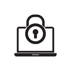 Locked laptop icon in black flat glyph, filled style isolated on white background