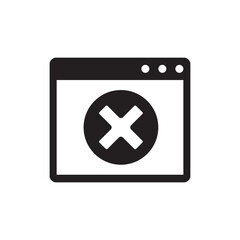 Browser with error sign icon in black flat glyph, filled style isolated on white background